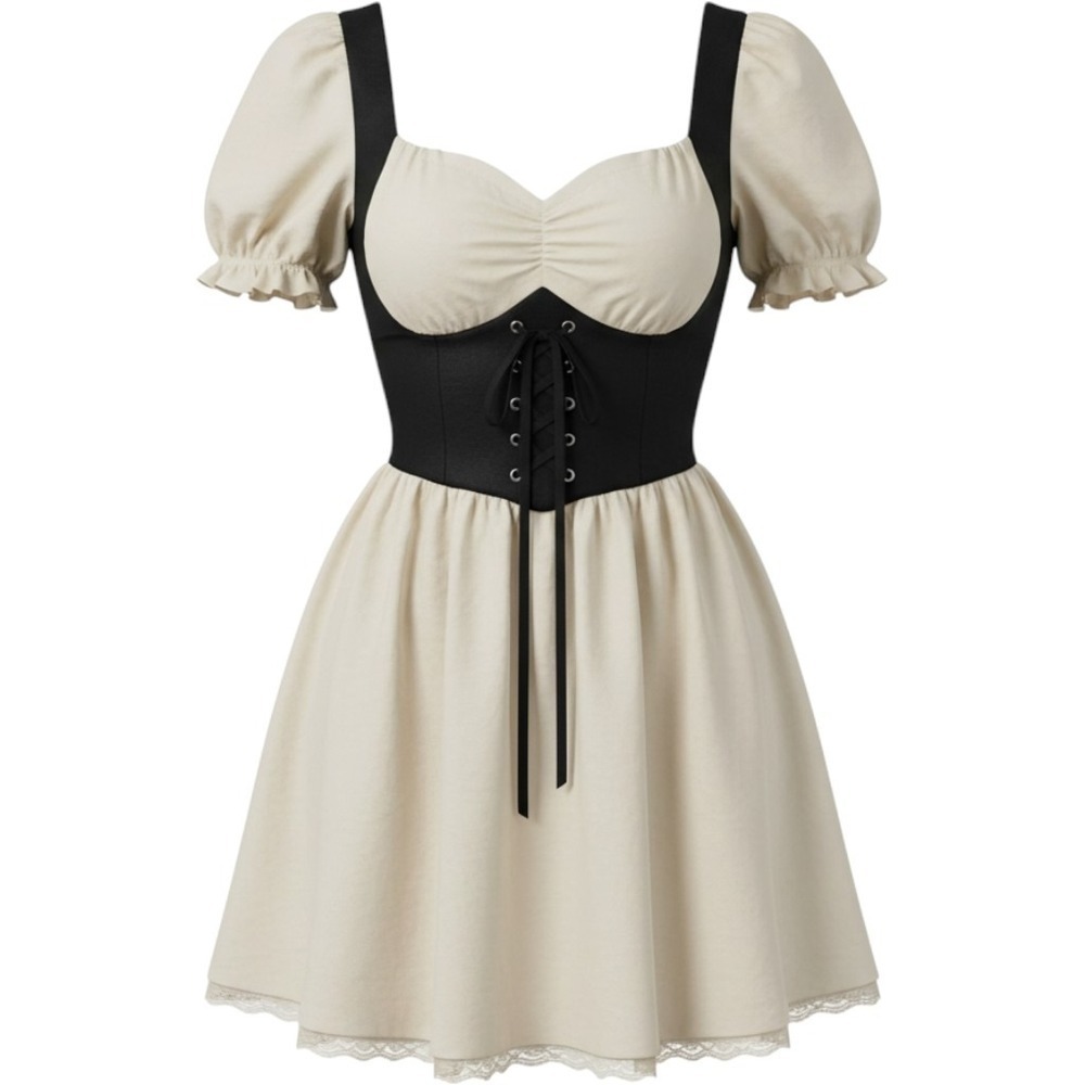 Thorn & Fable Milkmaid Dress XL Cream Black Corset Lace Up Puff Sleeve Mini